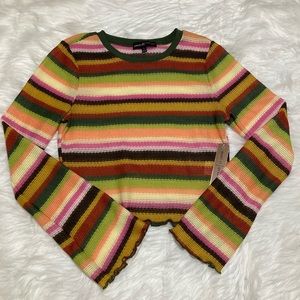 Almost Famous Olive Bell Sleeve Crochet Stripe Sweater Cropped Top